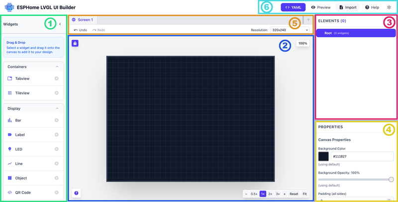 ESPHome LVGL Designer interface with section explanations