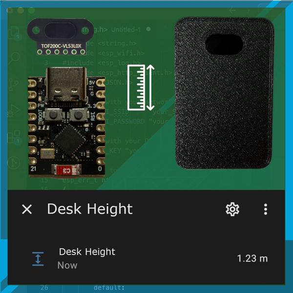 Build a non-invasive standing desk height tracker using the TOF200C ToF sensor, ESP32-C3 SuperMini, and ESPHome. Integrate with Home Assistant for automations - no desk modification required.