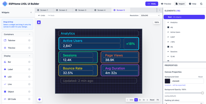 ESPHome LVGL Designer interface with drag-and-drop canvas