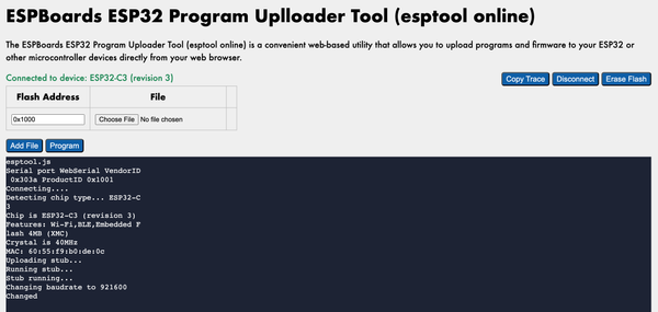 ESPBoards Online ESP32 Uploader Tool Connected Device Screen