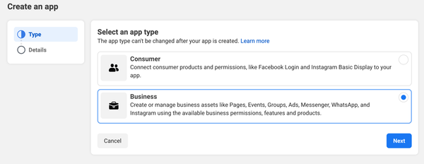 Creating Meta Business App - App Type