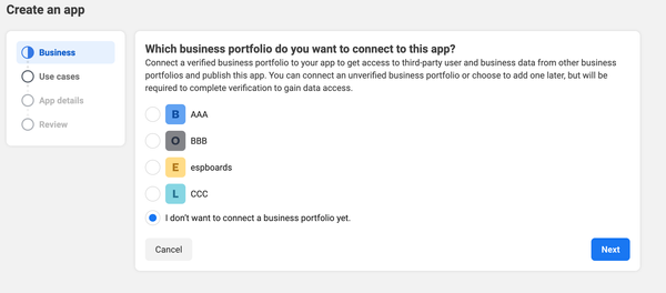 Creating Meta Business App - Selct Business Portfolio