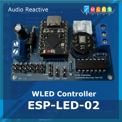 Updated ESP-LED-02 WLED controller with an ESP32-S3 SuperMini featuring THT components, sound reactivity, IR control, a light sensor, and clean 5V LED output.