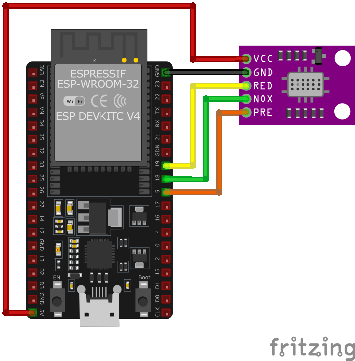 MiCS-4514 Dual Gas Sensor wiring with ESP32