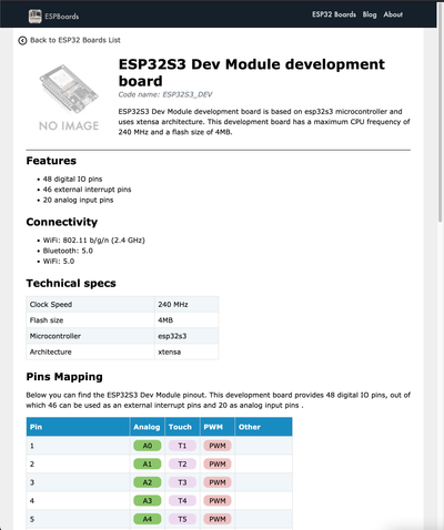 Screenshot of ESP32S3 Development Module Page