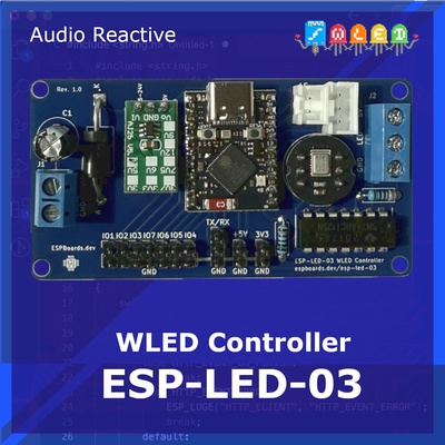 ESP-LED-03 adds a single DD4012SA component so the controller can drive 5–24V LED strips while keeping the same compact 40mm width (PCB length increased to 77mm).