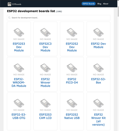 Screenshot of ESP32 Development Boards List