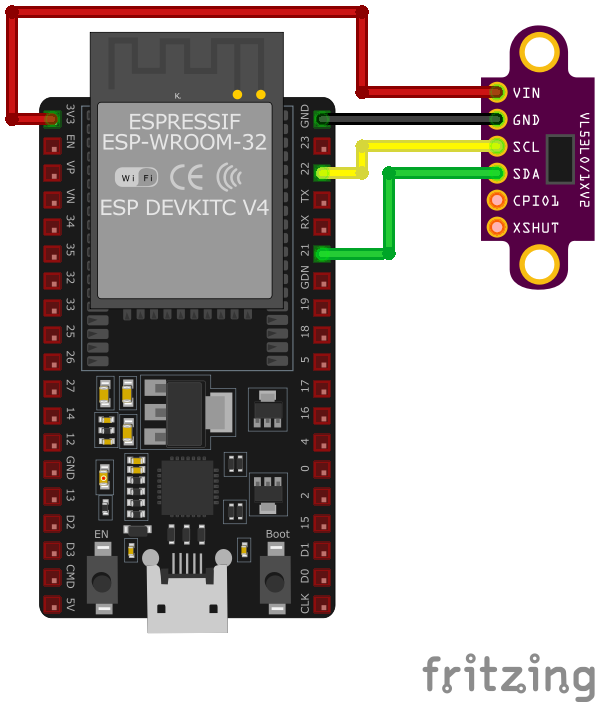 VL53L0X Time-of-Flight Distance Sensor wiring with ESP32